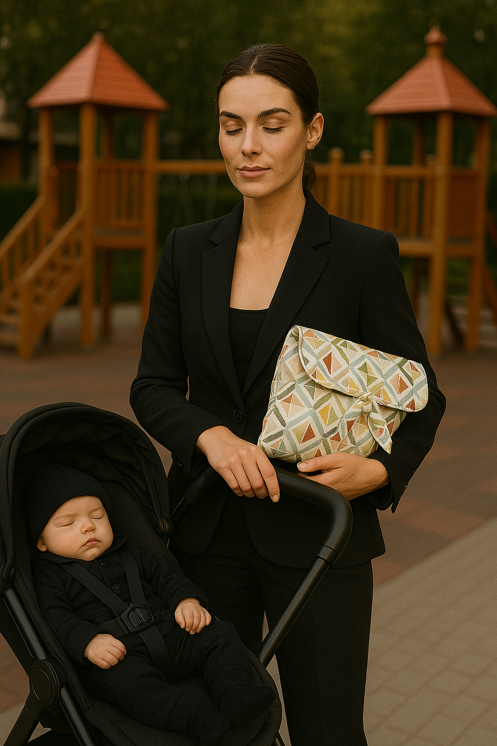 Luxe handgemaakte luiertas met geometrisch patroon, gedragen door een ouder onderweg met een kinderwagen.